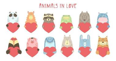 söta tecknade djur har ett hjärta tecken med kopia utrymme. ställa in alla hjärtans dag gratulationskort banner inbjudan flyer broschyr. tecknad handritad stil. små djur husdjur i kärlek, kärleksförklaring vektor
