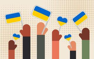 das Hände von Menschen von anders Nationalitäten im das Kampf zum Frieden im Ukraine halt Flaggen mit Blau und Gelb. horizontal Banner. vektor