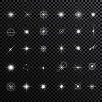 bewirken funkelnd Sterne Licht platzen Explosion, flackern und blinkt Beleuchtung. Sammlung von anders Licht Auswirkungen auf schwarz Hintergrund. transparent Linse Fackeln und Beleuchtung Auswirkungen. Design. vektor