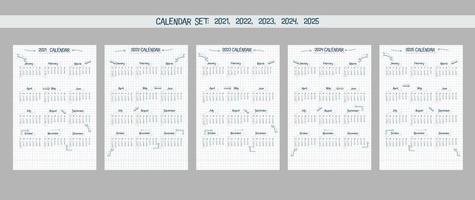 Kalenderset 2021 2022 2023 2024 2025. Handgezeichneter Schrifttyp und Elemente, Schulnotizstil, kariertes Notizbuchblatt mit linearen Pfeilen und Rahmen. vektor