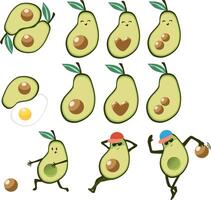 Illustration Avocado im Deckel spielen Bowling mit es ist besitzen Knochen und Fußball. ein Avocado mit ein Blatt hat ein Herz stattdessen von ein Samen. kulinarisch ying Yang mit gebraten durcheinander Eier und Avocado. vektor