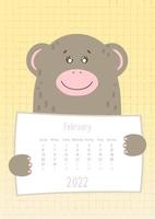 2022 februarikalender, sött apadjur som håller ett månatligt kalenderblad, handritad barnslig stil vektor