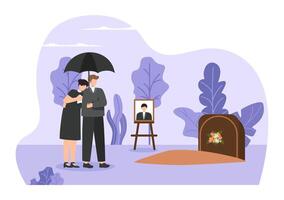 begravning ceremoni illustration av ledsen människor i svart kläder stående förbi en grav med kransar runt om en Kista i en platt tecknad serie bakgrund vektor