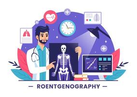 röntgenografi illustration med fluorografi kropp kolla upp procedur, röntgen läser in eller röntgen i hälsa vård i en platt tecknad serie bakgrund vektor