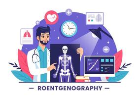 Röntgenographie Illustration mit Fluorographie Körper Untersuchung Verfahren, Röntgen Scannen oder Röntgen im Gesundheit Pflege im ein eben Karikatur Hintergrund vektor