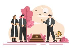begravning ceremoni illustration av ledsen människor i svart kläder stående förbi en grav med kransar runt om en Kista i en platt tecknad serie bakgrund vektor