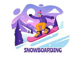 Snowboarden Illustration mit Menschen gleiten und Springen auf ein schneebedeckt Berg Steigung während Winter, eben Stil Karikatur Hintergrund vektor