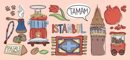 bunt Illustration von Istanbul Sehenswürdigkeiten, Türkisch Kaffee, Straßenbahn, Galata Turm, und Straße Lebensmittel. vektor