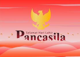 pancasila logotyp gyllene silhuett de symbol av de indonesiska stat skapas bakgrund av röd himmel moln solnedgång soluppgång vektor