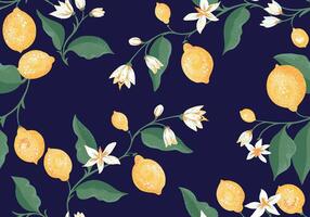 abstrakt konstnärlig gul citroner på grenar med grön löv sömlös mönster på en mörk bakgrund. hand teckning illustration. blomning citrus- stjälkar upprepad utskrift. prydnad för mönster vektor