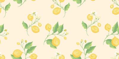 tropisch Gelb Zitronen auf Ast mit Blätter verstreut nach dem Zufallsprinzip auf ein nahtlos Muster. Hand Zeichnung Illustration. abstrakt künstlerisch Zitrusfrüchte Obst wiederholt Drucken auf ein Licht Hintergrund. vektor