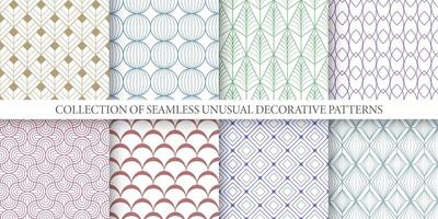 Sammlung von elegant Farbe Zier nahtlos geometrisch Muster. Mode Kunst Deko aufwendig dekorativ Hintergründe. wiederholbar Textil- druckt vektor