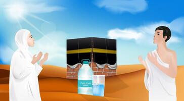 Illustration von das hajj Pilgerfahrt und Zamzam Wasser im das Wüste vektor