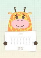 2022 junikalender, sött giraffdjur som håller ett månatligt kalenderblad, handritad barnslig stil vektor