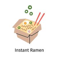illustration av en ta ut låda med Ramen och salladslökar, ätpinnar fastnar ut. klotter stil, platt tecknad serie bild för asiatisk kök, omedelbar spaghetti, koreanska gata mat vektor