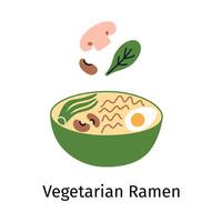Illustration von Vegetarier Ramen mit bok Choi, Pilze, Nudel Suppe mit Bohnen und Ei. Gekritzel Stil, eben Karikatur Bild zum asiatisch Küche und Koreanisch Essen Konzepte vektor