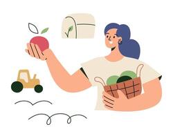 Farmer Ernte Frucht, gesund organisch Essen, Frau halten Apfel, Pflanzen und Gemüse gewachsen im Gewächshäuser, lokal Felder, Öko Essen Symbol, Abbildungen von Karikatur Charakter Kauf Lebensmittel vektor