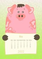 2022 Mai-Kalender, süßes Schweinetier, das ein monatliches Kalenderblatt hält, handgezeichneter kindischer Stil vektor