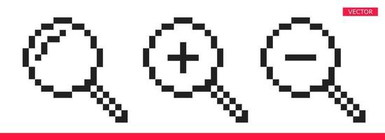 Pixel Lupe Symbol Zeichen Cursor Vektor Illustration Set Flat Style Design isoliert auf weißem Hintergrund. Such- oder Zoomwerkzeugsymbol Lupensymbol.