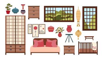 uppsättning av möbel för en sovrum med en stor säng och en spjälsäng i asiatisk stil, en samling för ett orientalisk japansk interiör, isolerat på en vit bakgrund, ikoner i en platt stil vektor