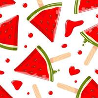 Wassermelone Eis Sahne schmilzt und tropft. Saft Obst Eis, Eis am Stiel. gefroren Nachtisch. Sommer- Zeit. Hand gezeichnet Karikatur Illustration. nahtlos Muster zum Hintergrund, Stoff, Verpackung, Hintergrund vektor