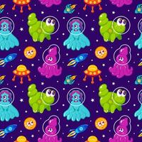 söt Plats tecknad serie monster. utomjordingar. ljus flerfärgad raketer i Plats. neon färger, y2k, flyg bland planeter och stjärnor. skyttel, ufo, framtida. hand dragen barnslig sömlös mönster. vektor