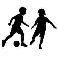 Geschwister sind spielen mit ein Fußball Ball Silhouette, Weiß Hintergrund vektor