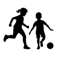 Geschwister sind spielen mit ein Fußball Ball Silhouette, Weiß Hintergrund vektor