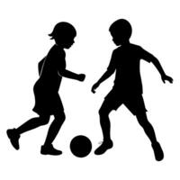 Geschwister sind spielen mit ein Fußball Ball Silhouette, Weiß Hintergrund vektor