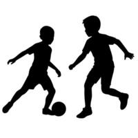 Geschwister sind spielen mit ein Fußball Ball Silhouette, Weiß Hintergrund vektor