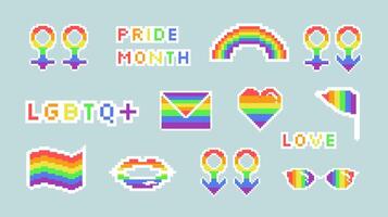 HBTQ uppsättning. stolthet månad. hjärta, regnbåge, mun, kuvert, flagga, kön tecken. pixel konst. vektor