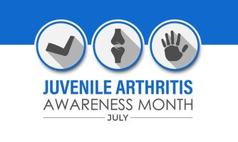 Illustration jugendlich Arthritis Bewusstsein Monat ist beobachtete jeder Jahr im Juli. das wichtig Symptome von das Krankheiten Joint Schwellung und Schmerz. Banner Poster, Flyer und Hintergrund Design. vektor