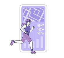 Illustration von Frau Laufen mit Fitness Verfolgung App zeigen Route, Zeit, Herz Rate, und Distanz. eben Design zum Gesundheit und Fitness Konzept. vektor