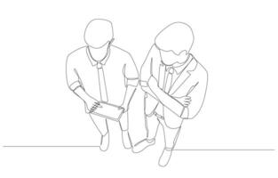 kontinuierlich einer Linie Zeichnung von jung Geschäftsmann halten Tablette zu diskutieren Arbeit mit Kollege, Beratung Über Arbeit Konzept, Single Linie Kunst. vektor