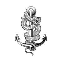svart och vit illustration av en fartyg ankare och orm vektor