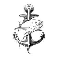 schwarz und Weiß Hand gezeichnet Illustration von ein Schiff Anker mit Thunfisch Fisch vektor