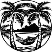 das Sommer- Strand. Silhouette Palme Bäume und Sonnenuntergang. Design von Gruß Karten, Poster, Flecken. vektor