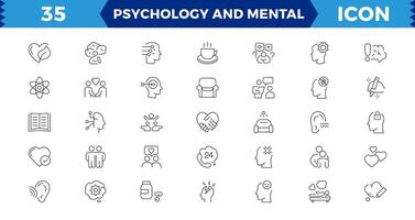 Psychologie und mental Linie Symbole Sammlung. groß ui Symbol einstellen im ein eben Design. dünn Gliederung Symbole Pack, mental Gesundheit Symbol Satz. dünn Gliederung Symbole Pack. editierbar Schlaganfall. vektor