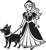 prinsessa i en klänning med hund illustration svart och vit vektor