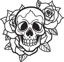 Schädel mit Rose Blumen Linie Kunst schwarz und Weiß Illustration vektor