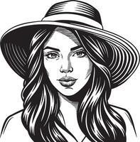 süß Mädchen mit Hut schwarz und Weiß Illustration vektor