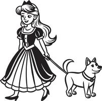 prinsessa i en klänning med hund illustration svart och vit vektor