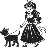 prinsessa i en klänning med hund illustration svart och vit vektor