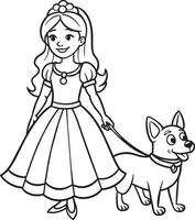 prinsessa i en klänning med hund illustration svart och vit vektor