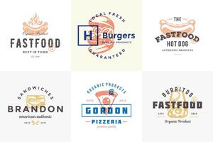 Hand gezeichnet schnell Essen Logos und Etiketten mit modern Jahrgang Typografie retro Stil einstellen Illustration. vektor