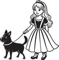 Prinzessin im ein Kleid mit Hund Illustration schwarz und Weiß vektor