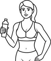 Fitness Frau mit Flasche von Wasser Illustration schwarz und Weiß vektor