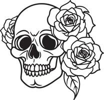 Schädel mit Rose Blumen Linie Kunst schwarz und Weiß Illustration vektor