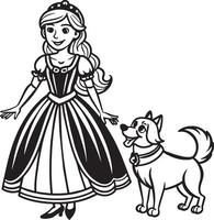 prinsessa i en klänning med hund illustration svart och vit vektor