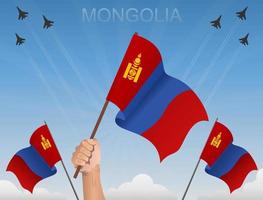mongolische Flaggen wehen unter blauem Himmel vektor